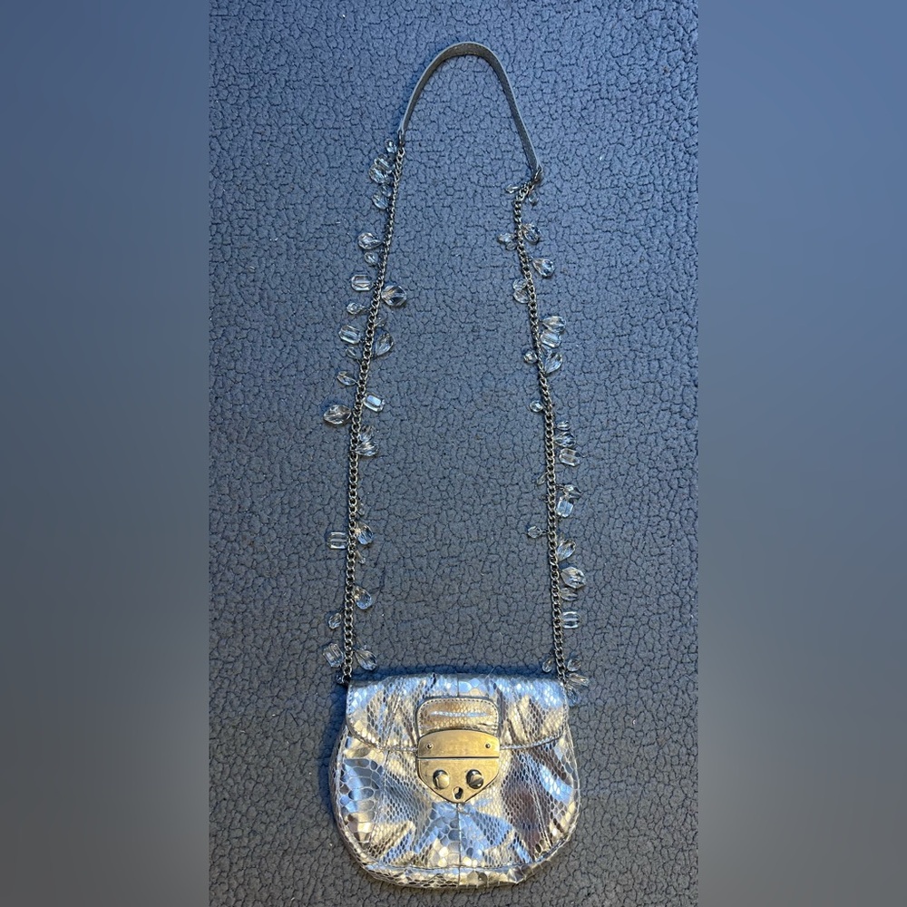 White House Black‎ Market Silver Snakeskin Style Metallic Purse With Beads Small